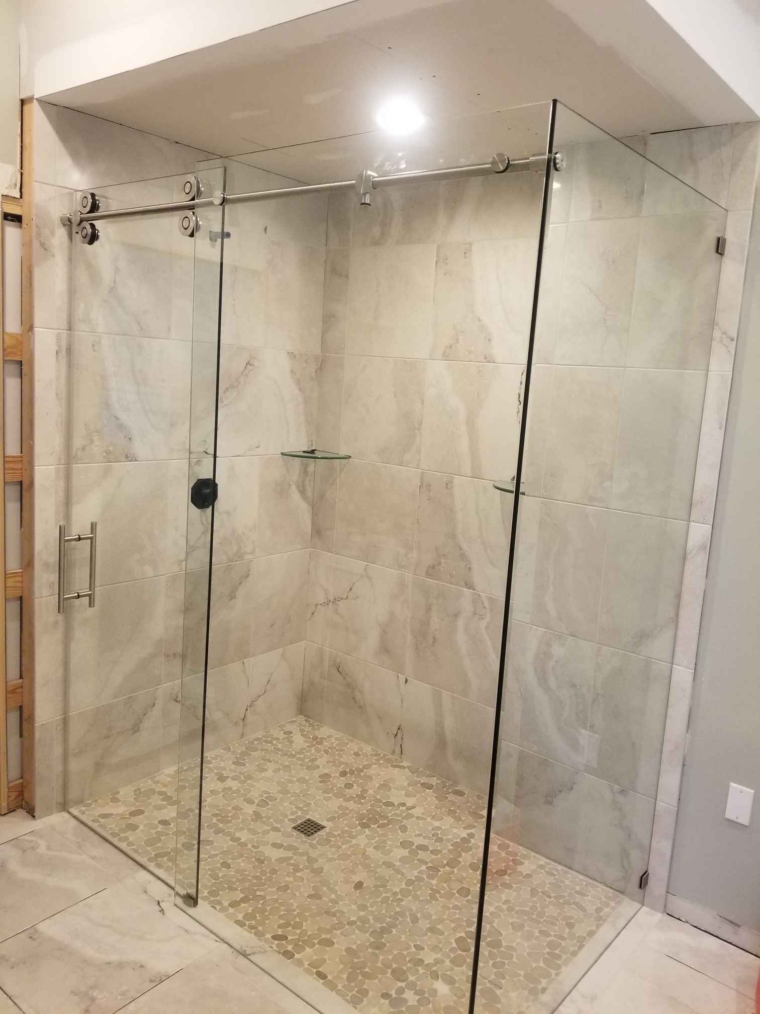 Barn-style shower door hardware detail